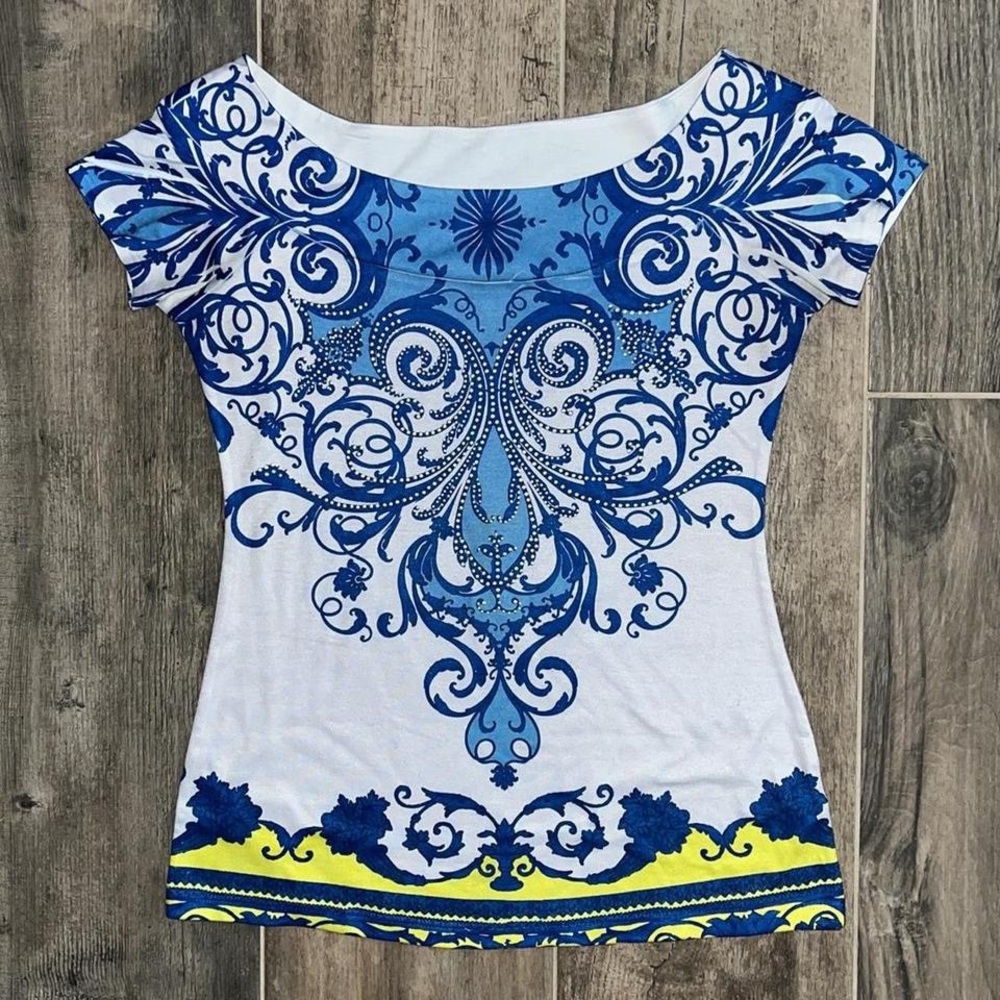 Cache Y2K Top Paisley Scroll Scarf Graphic Blouse